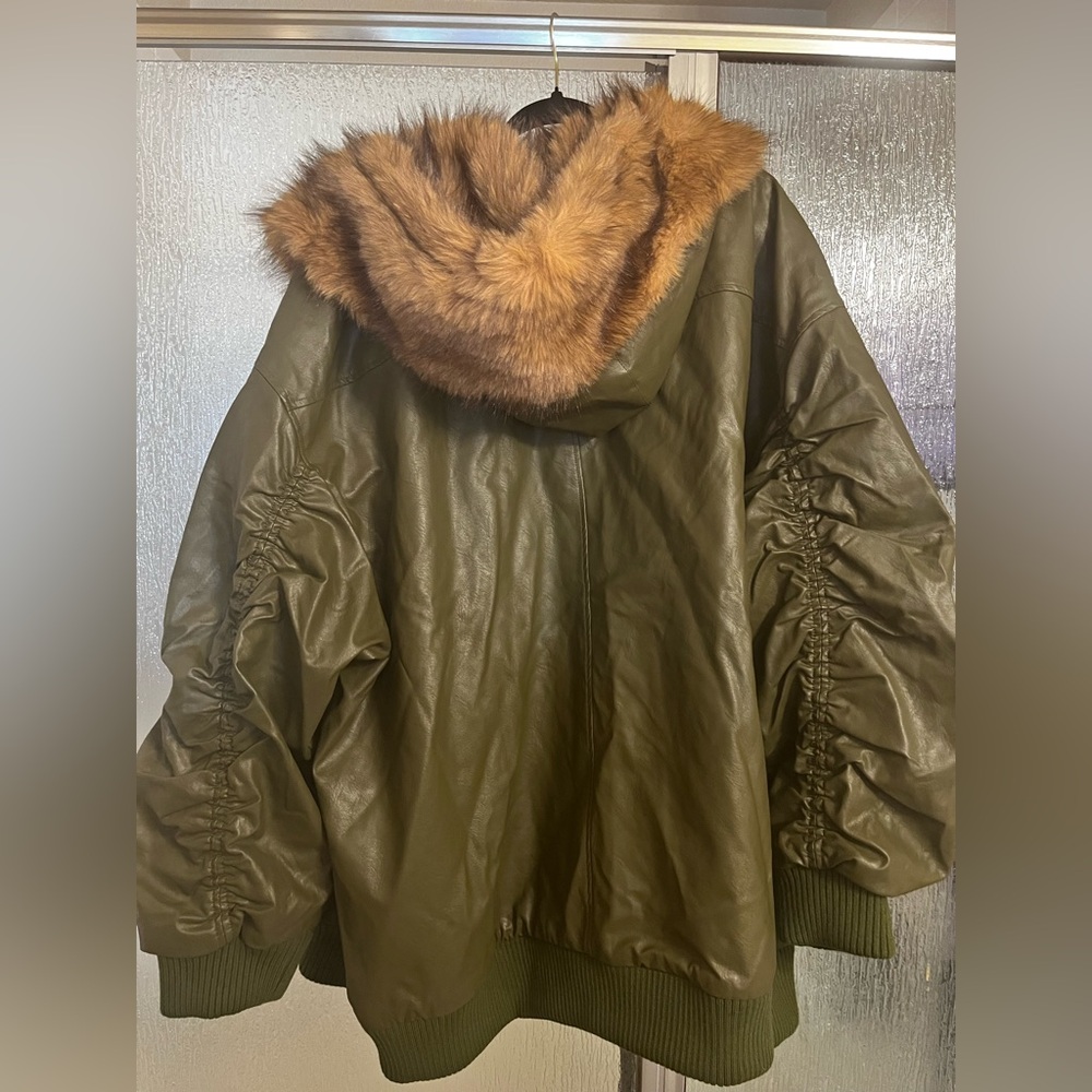 Ashley Graham Olive Green Faux Leather Bomber Jacket with Brown Faux-Fur Hood - Picture 11 of 11